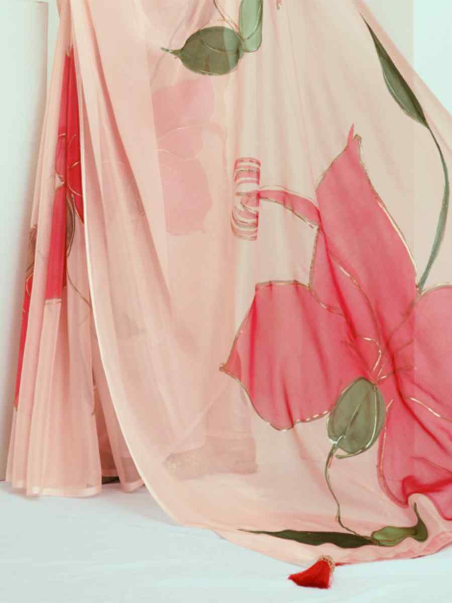 Peach Red Georgette Printed Casual Festival Contemporary Saree