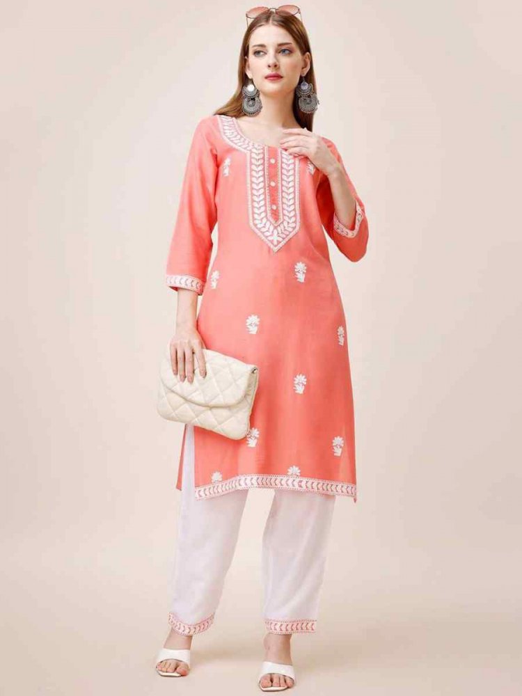 Peach Riyon Cotton Embroidered Festival Casual Kurti