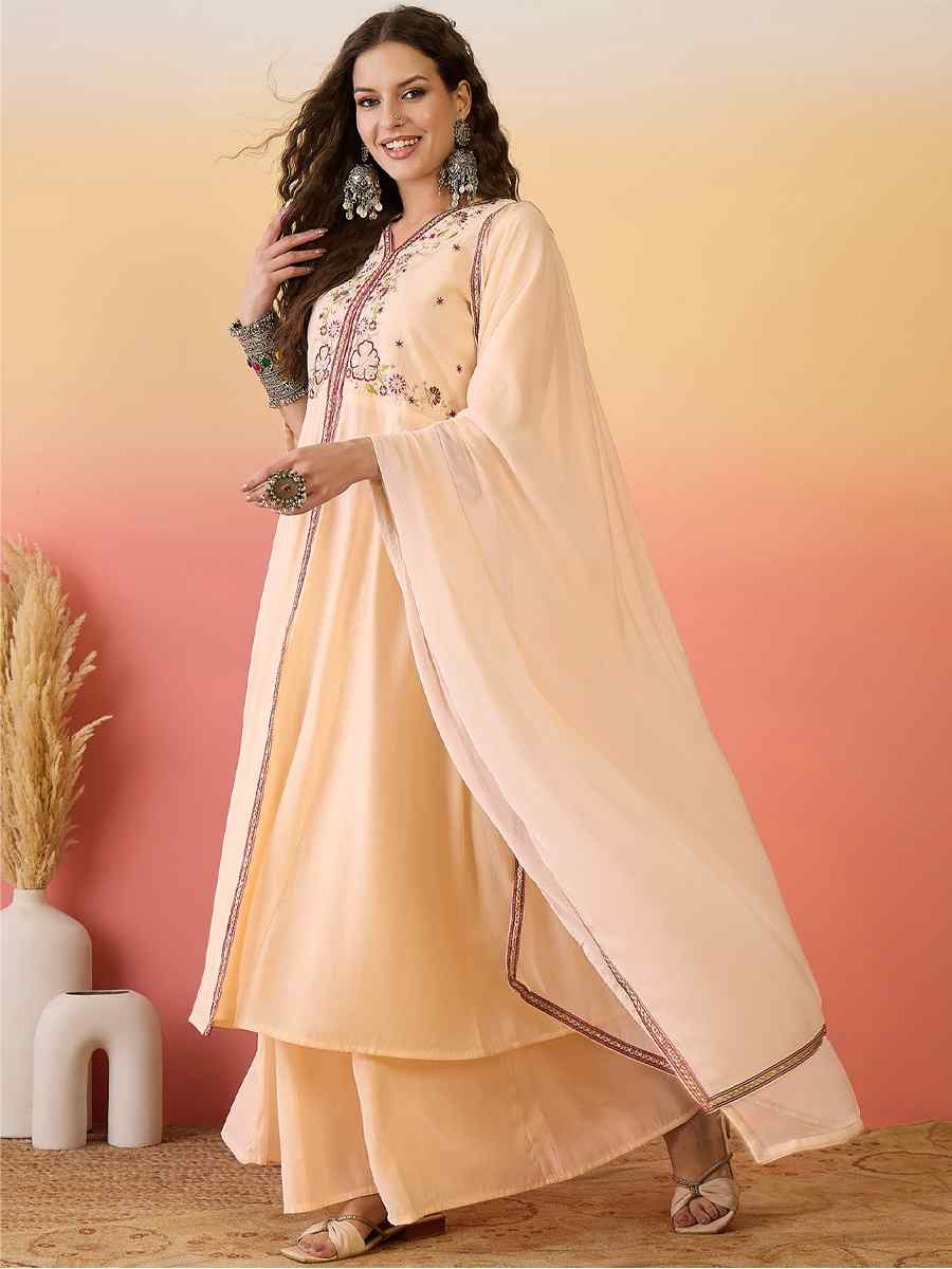 Peach Roman Silk Embroidered Party Wedding Ready Palazzo Pant Salwar Kameez