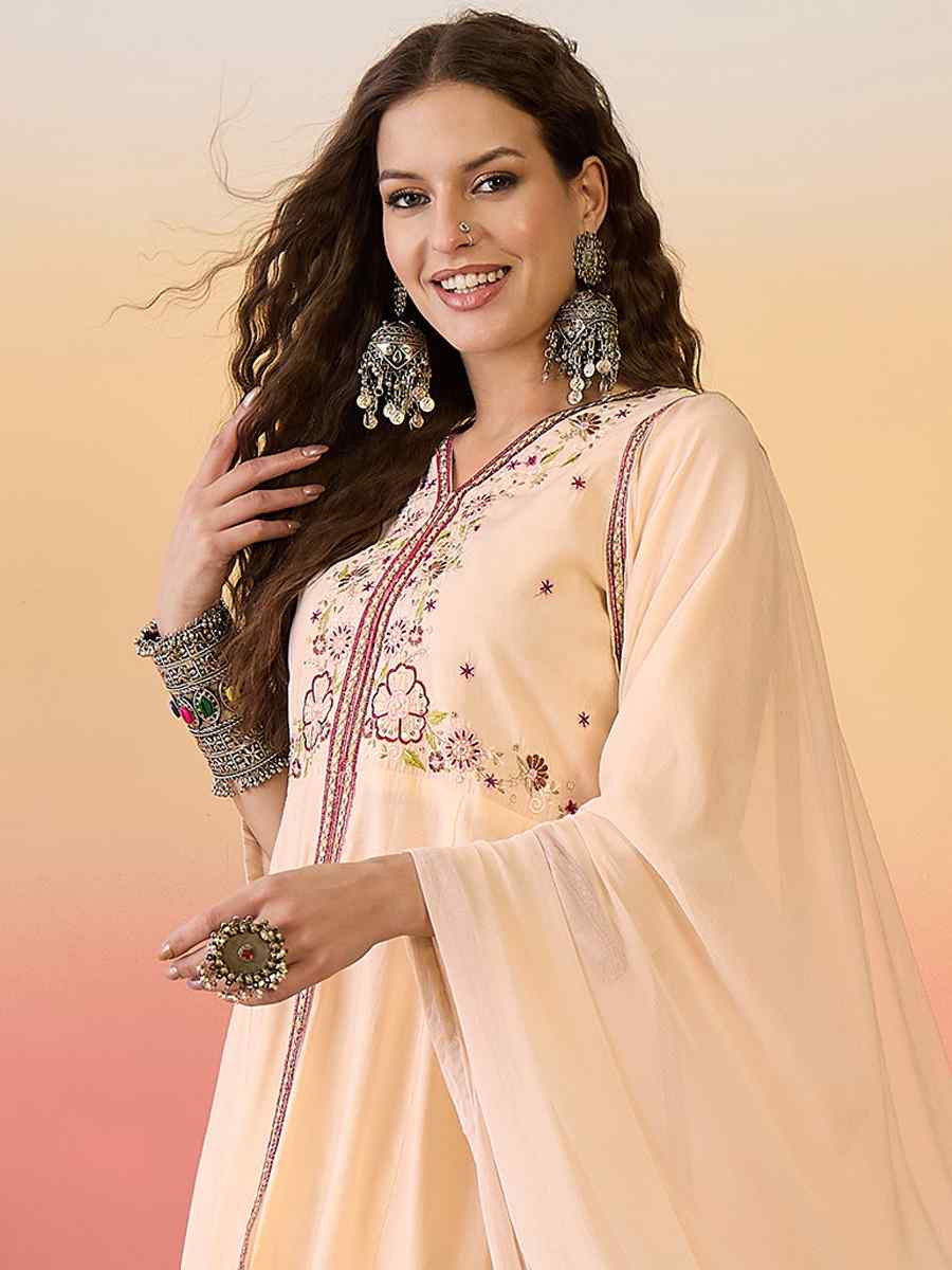 Peach Roman Silk Embroidered Party Wedding Ready Palazzo Pant Salwar Kameez