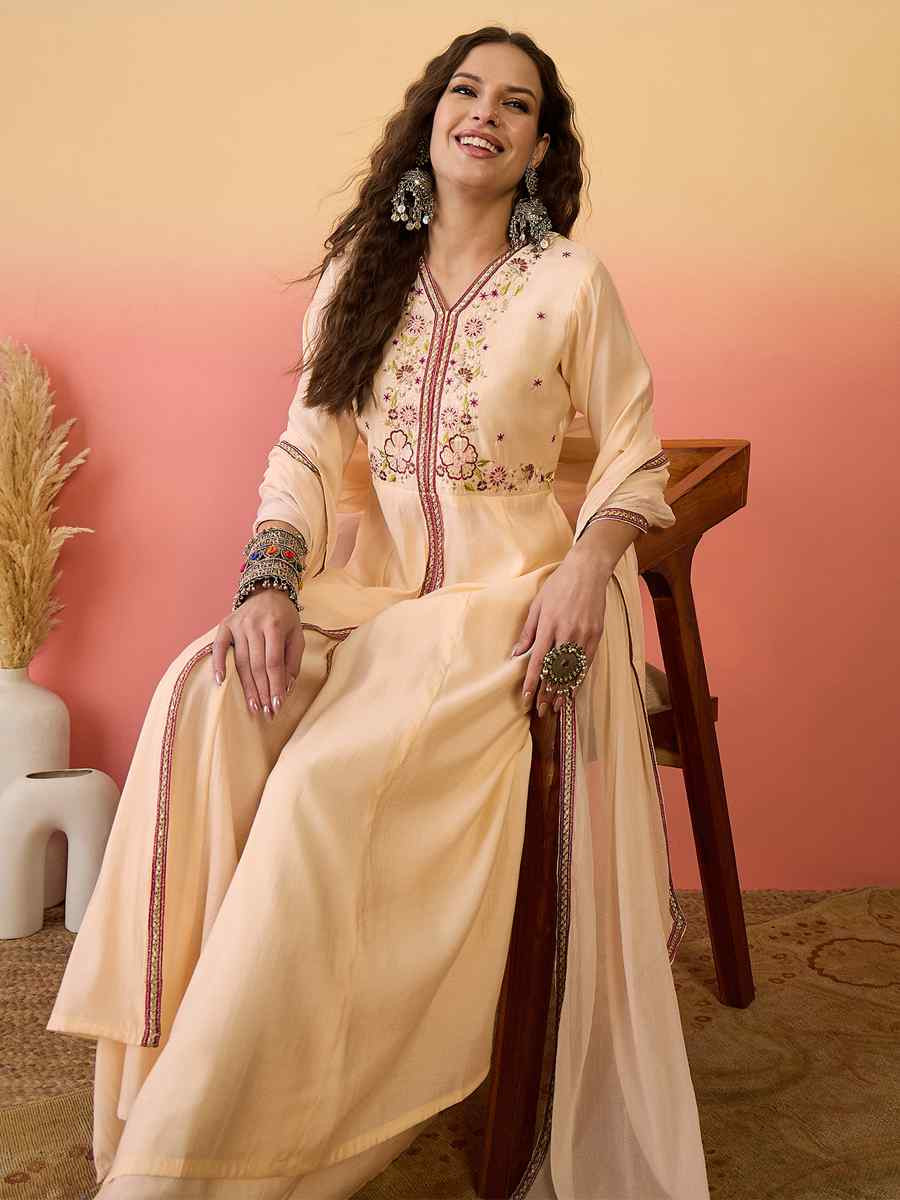 Peach Roman Silk Embroidered Party Wedding Ready Palazzo Pant Salwar Kameez