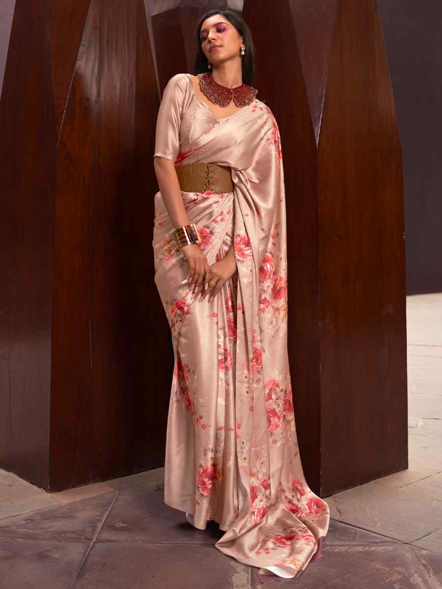 Peach Satin Crepe Printed Party Festival Contemporary Saree