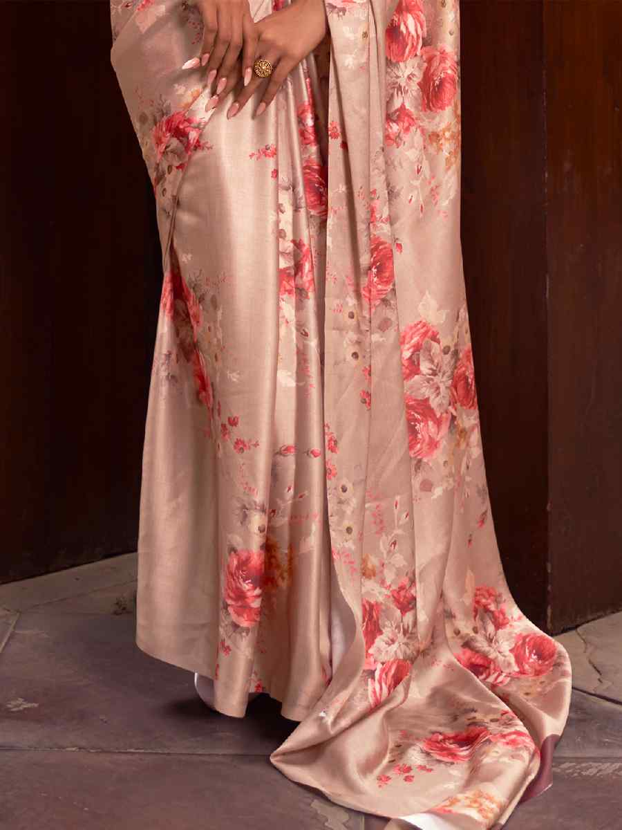 Peach Satin Crepe Printed Party Festival Contemporary Saree