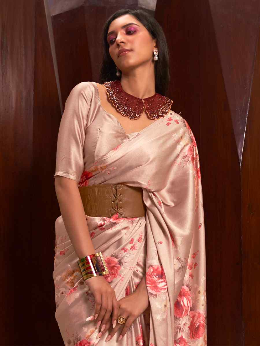 Peach Satin Crepe Printed Party Festival Contemporary Saree