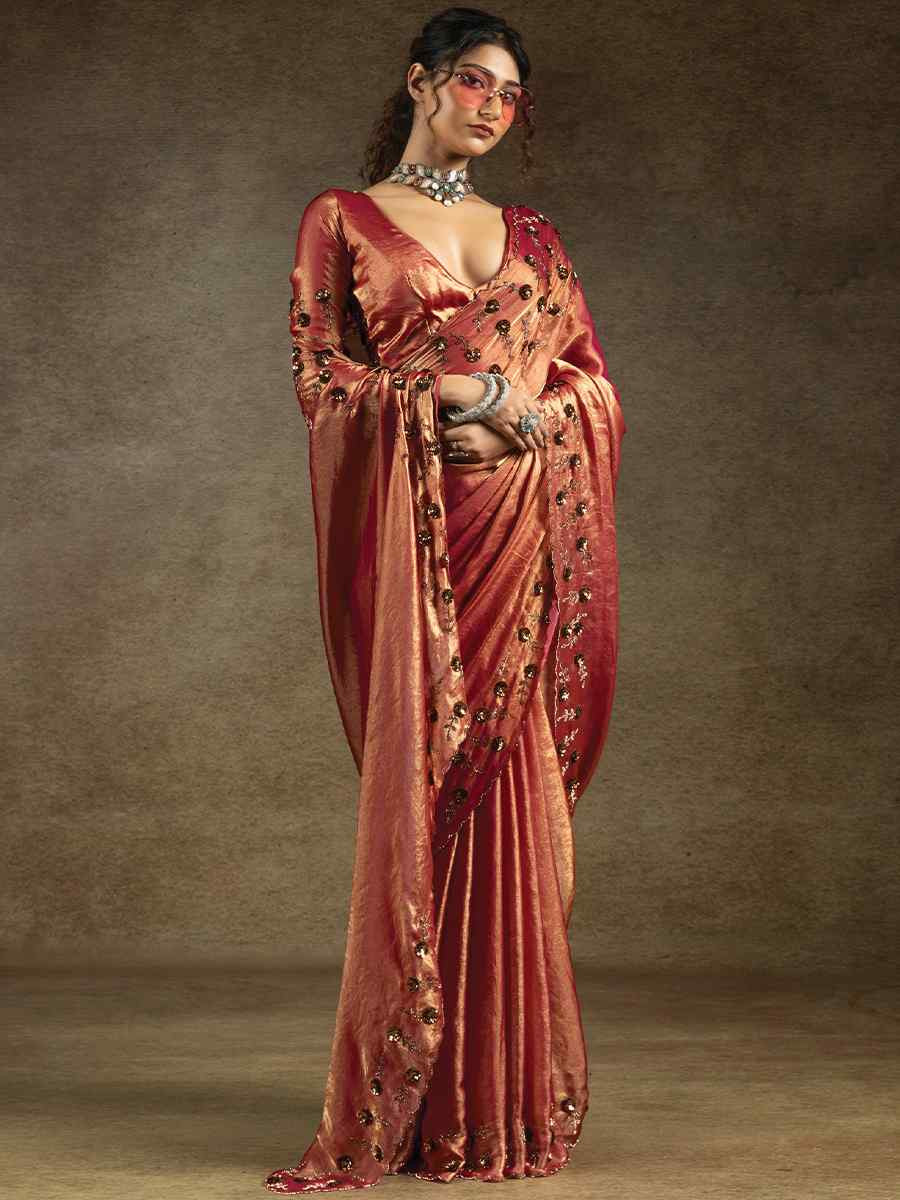 Peach Satin Silk Embroidered Festival Wedding Fancy Heavy Border Saree