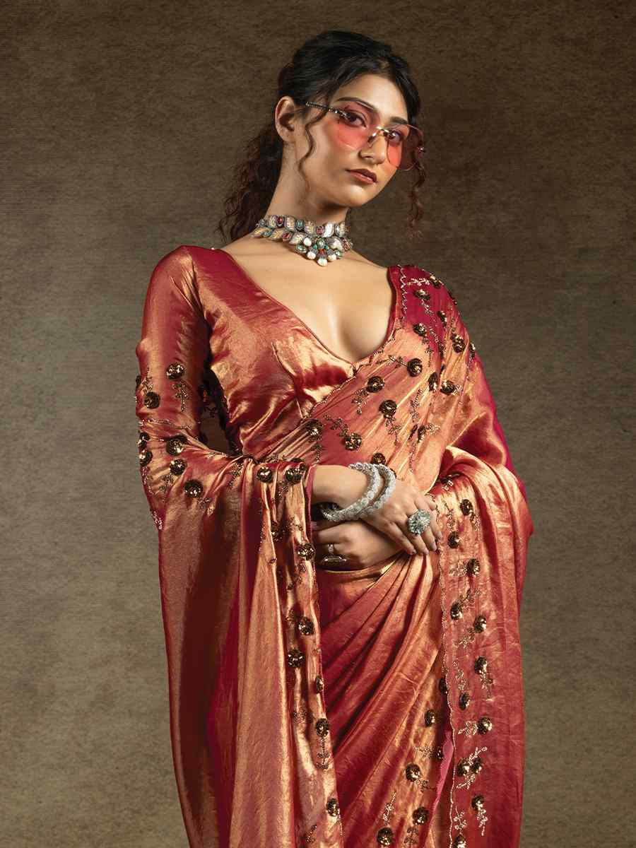 Peach Satin Silk Embroidered Festival Wedding Fancy Heavy Border Saree