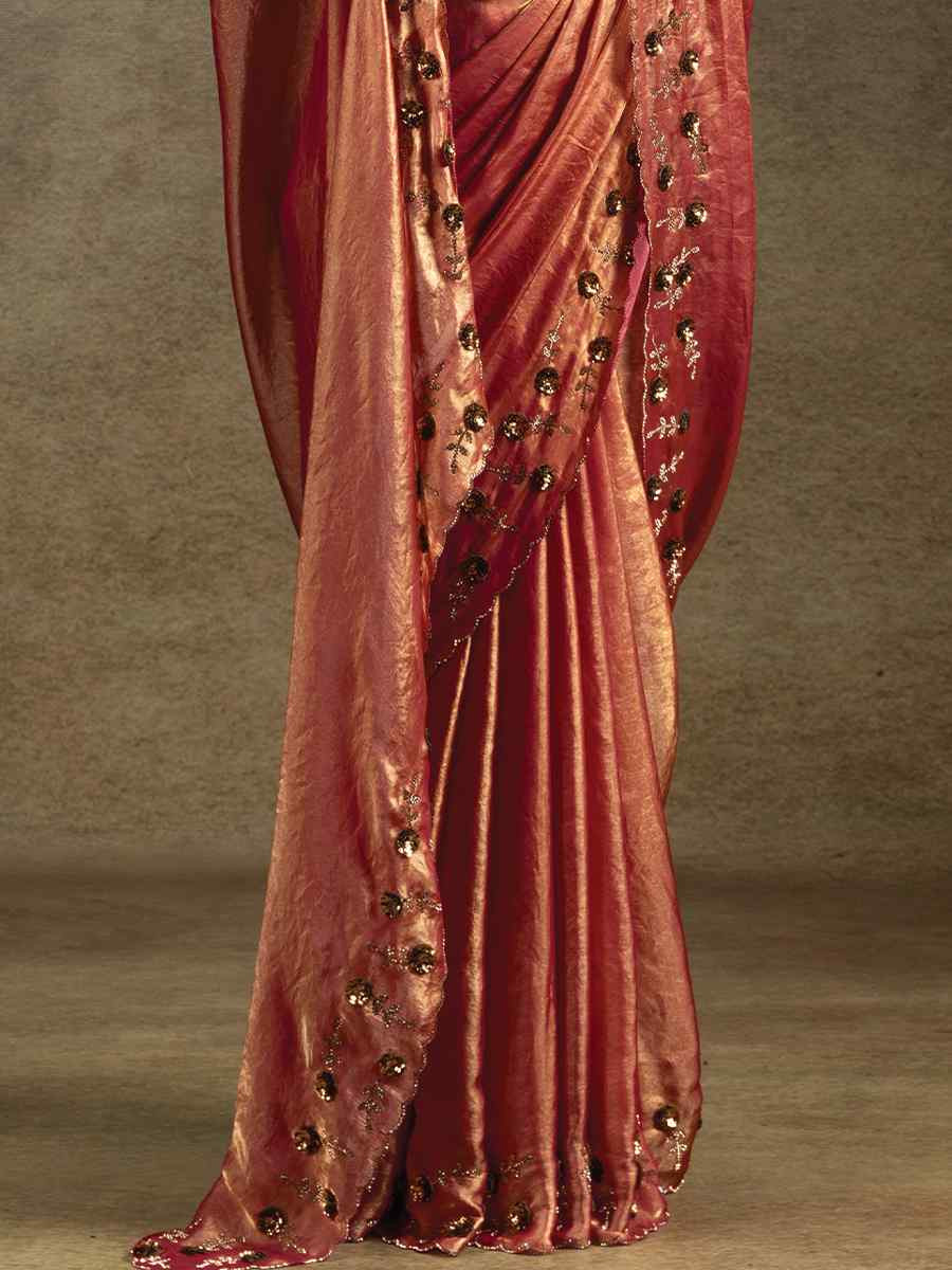 Peach Satin Silk Embroidered Festival Wedding Fancy Heavy Border Saree