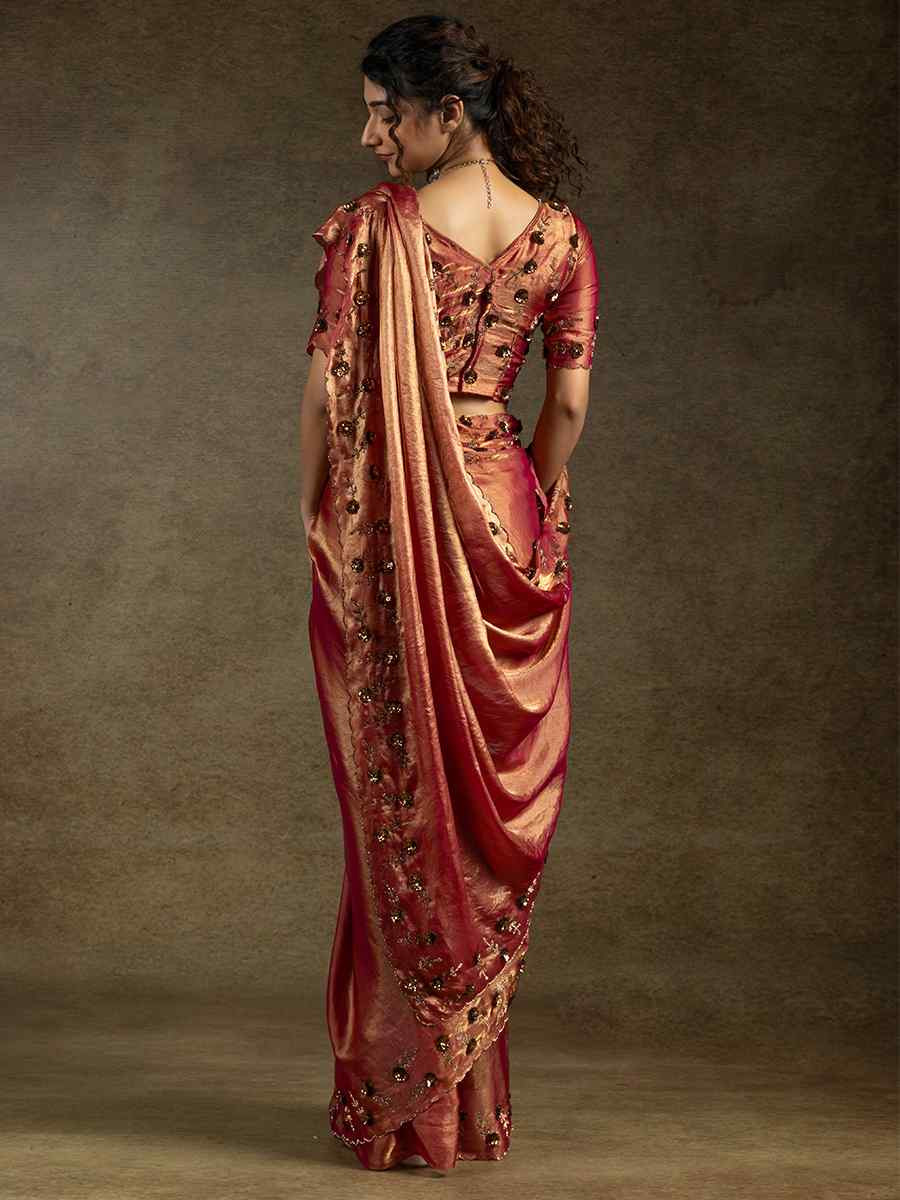 Peach Satin Silk Embroidered Festival Wedding Fancy Heavy Border Saree