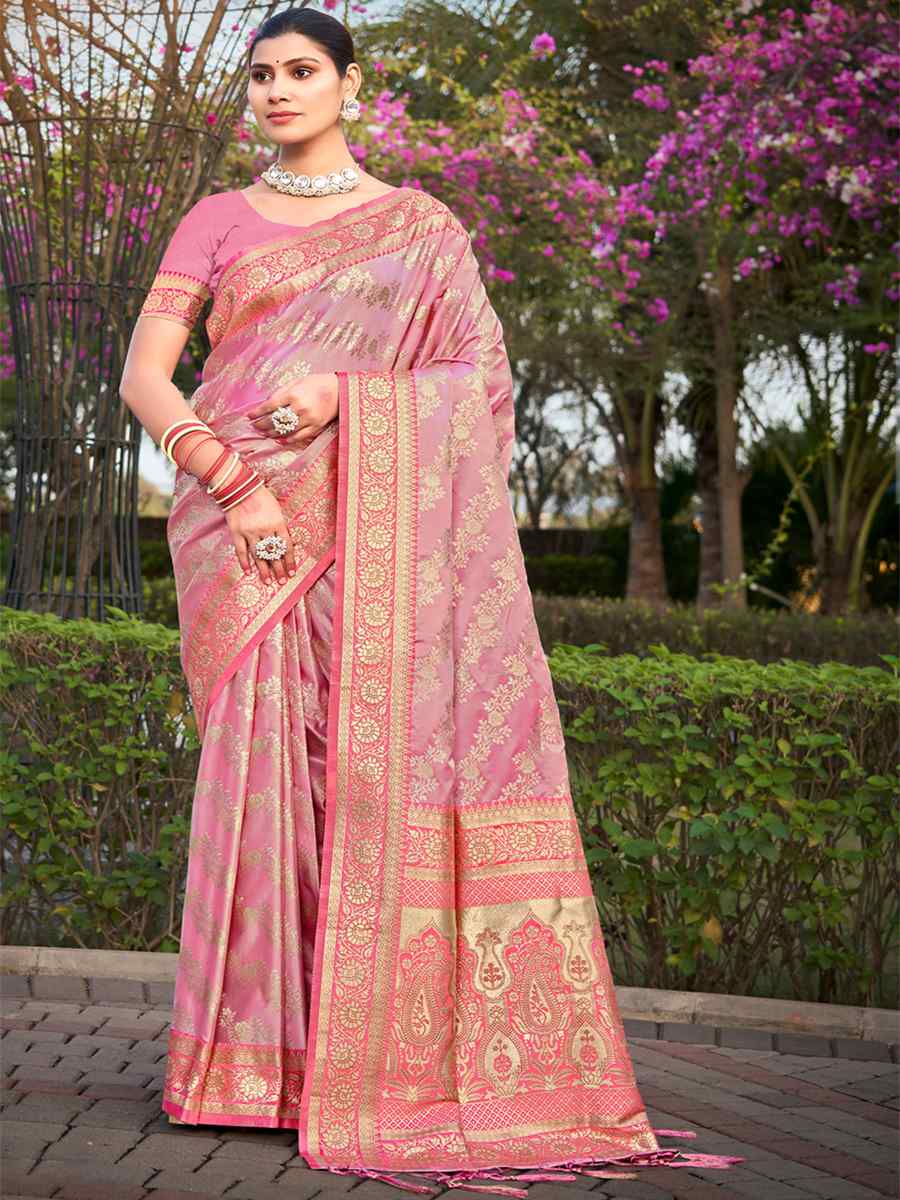 Peach Satin Silk Handwoven Wedding Festival Heavy Border Saree