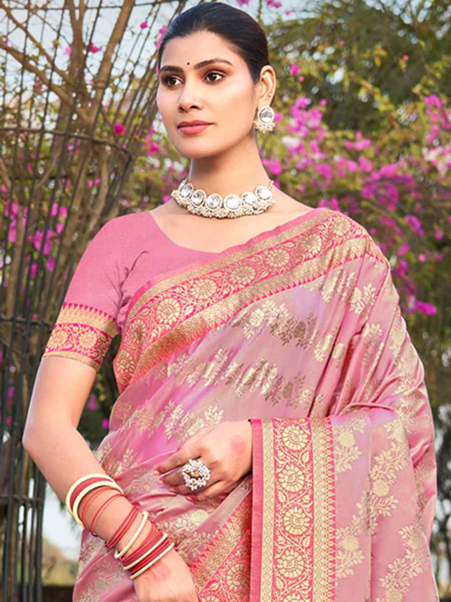 Peach Satin Silk Handwoven Wedding Festival Heavy Border Saree