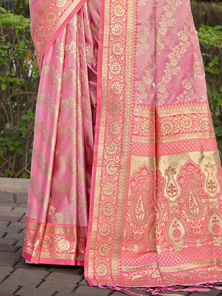 Peach Satin Silk Handwoven Wedding Festival Heavy Border Saree