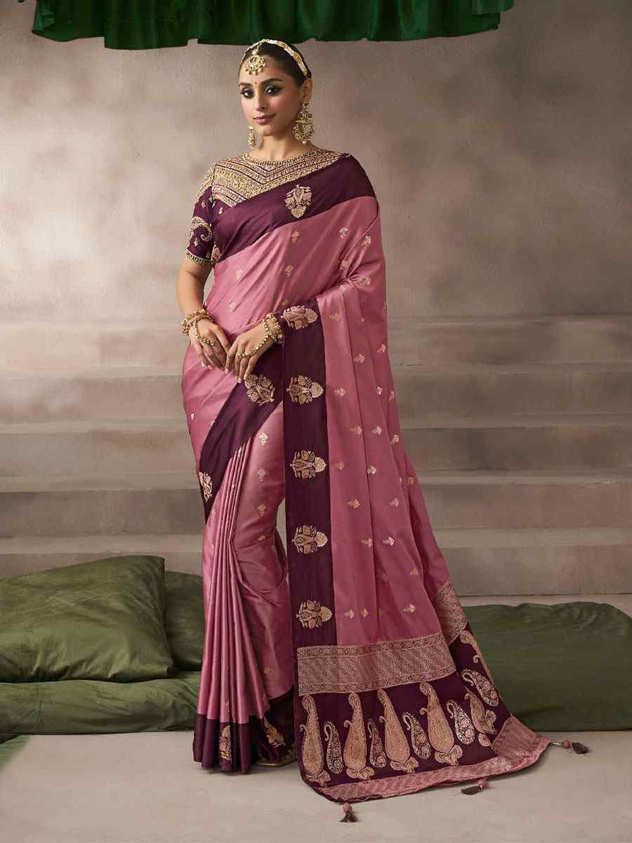 Peach Satin Silk Handwoven Zari Work Traditional Bridal Reception Festival Wedding Fancy Heavy Border Saree