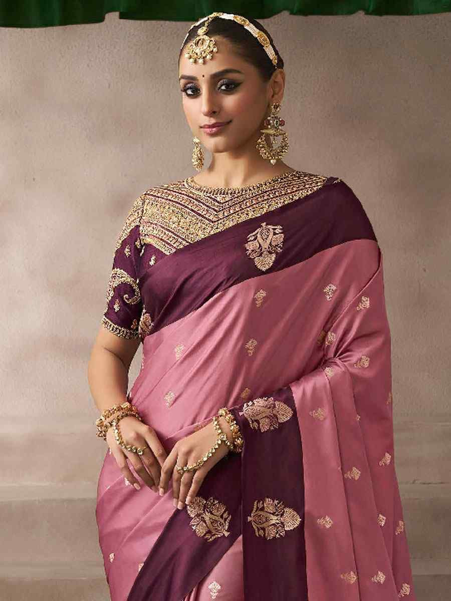 Peach Satin Silk Handwoven Zari Work Traditional Bridal Reception Festival Wedding Fancy Heavy Border Saree