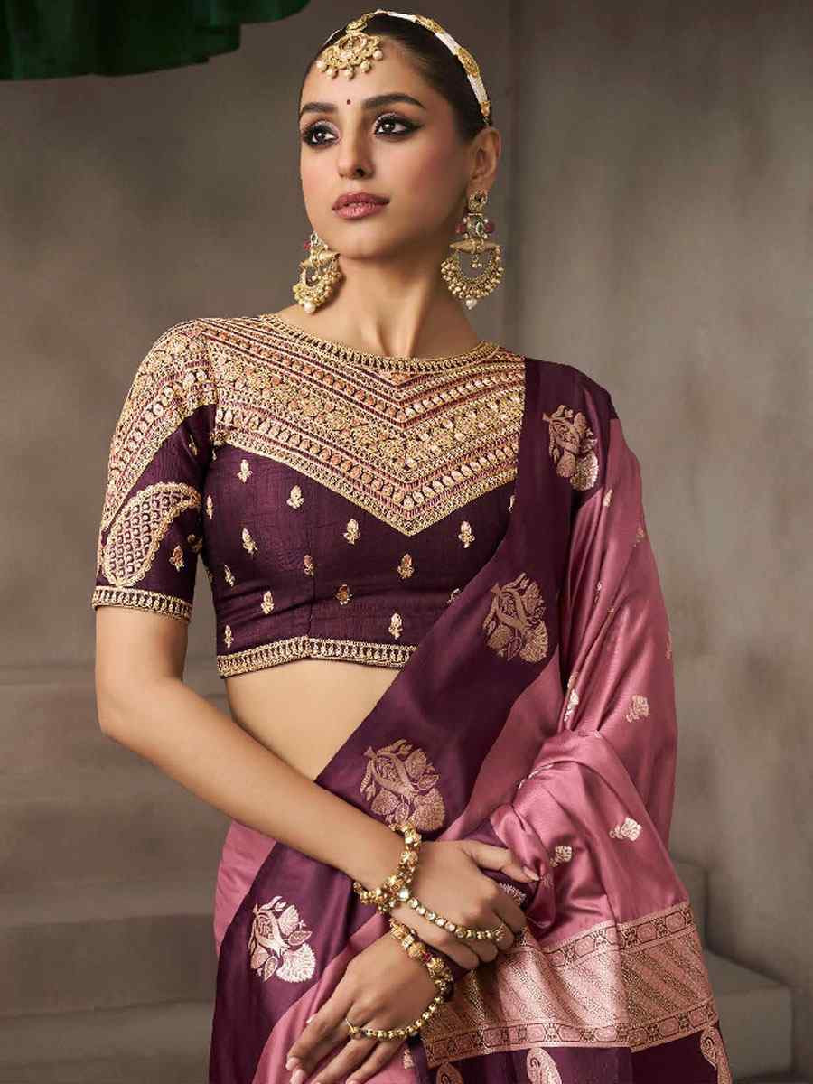 Peach Satin Silk Handwoven Zari Work Traditional Bridal Reception Festival Wedding Fancy Heavy Border Saree