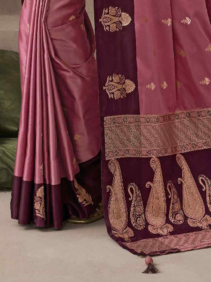 Peach Satin Silk Handwoven Zari Work Traditional Bridal Reception Festival Wedding Fancy Heavy Border Saree