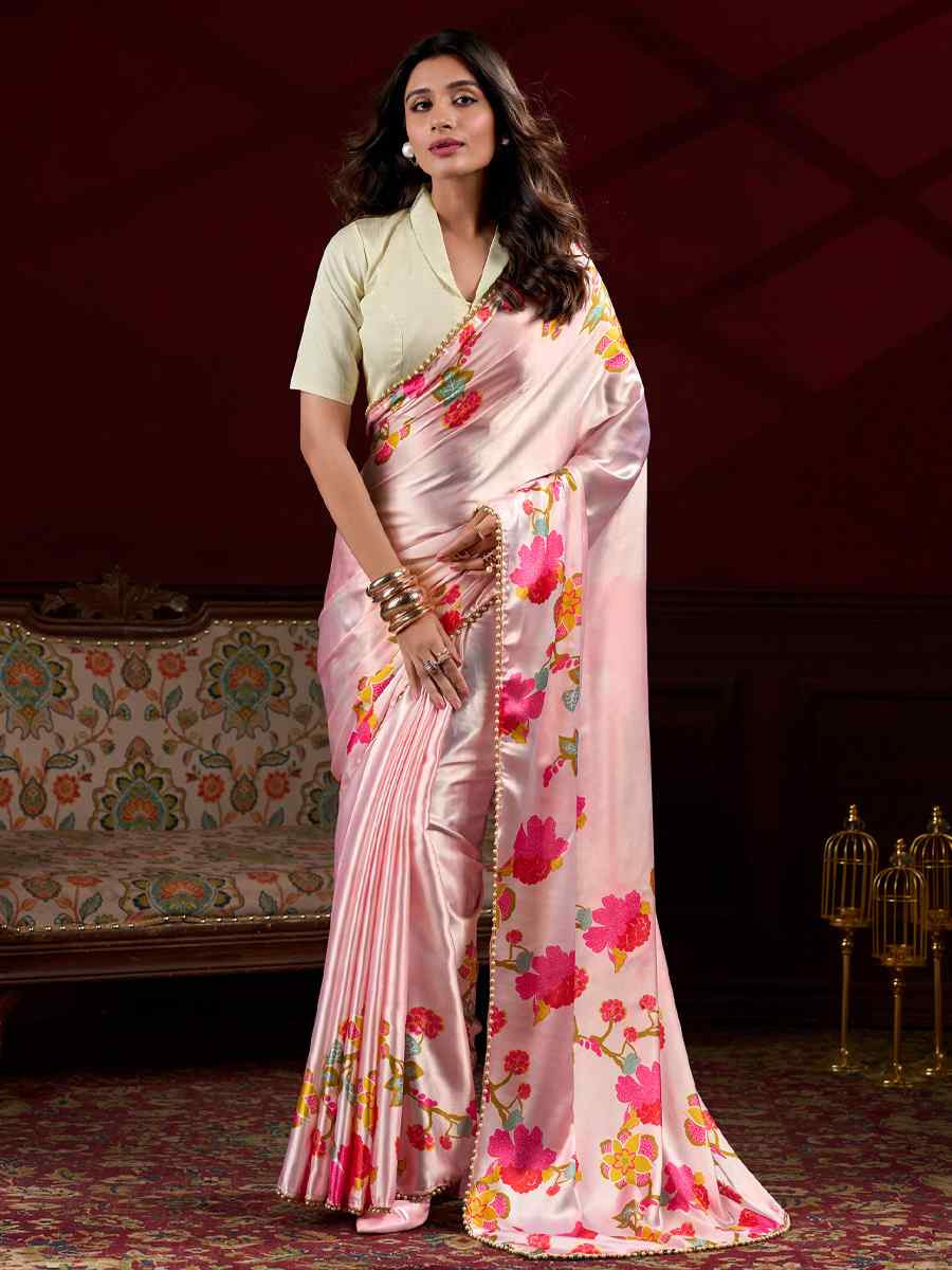 Peach Satin Silk Printed Festival Wedding Fancy Heavy Border Saree