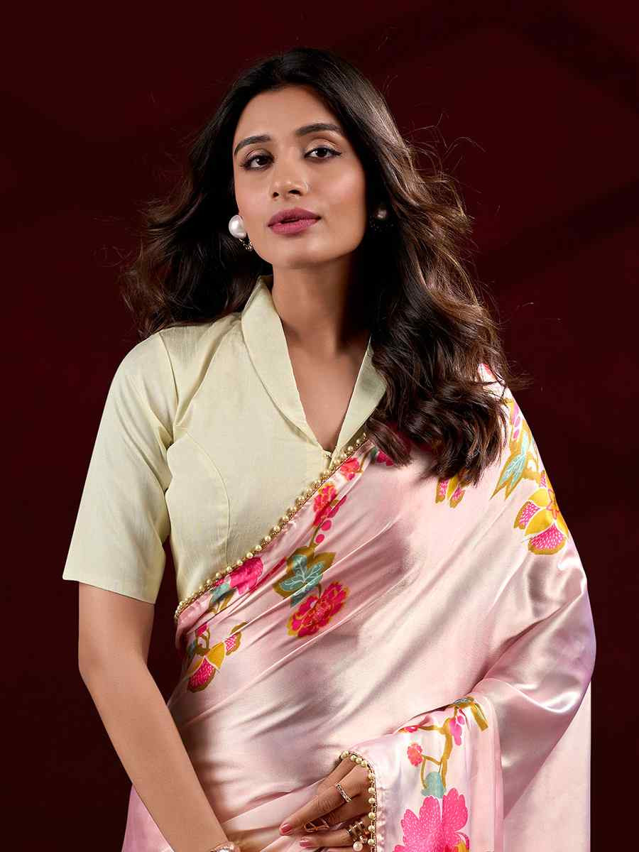 Peach Satin Silk Printed Festival Wedding Fancy Heavy Border Saree