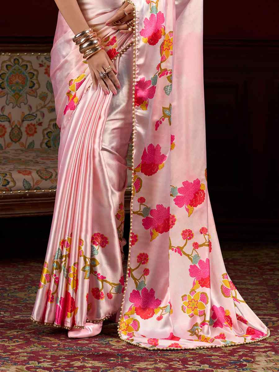Peach Satin Silk Printed Festival Wedding Fancy Heavy Border Saree
