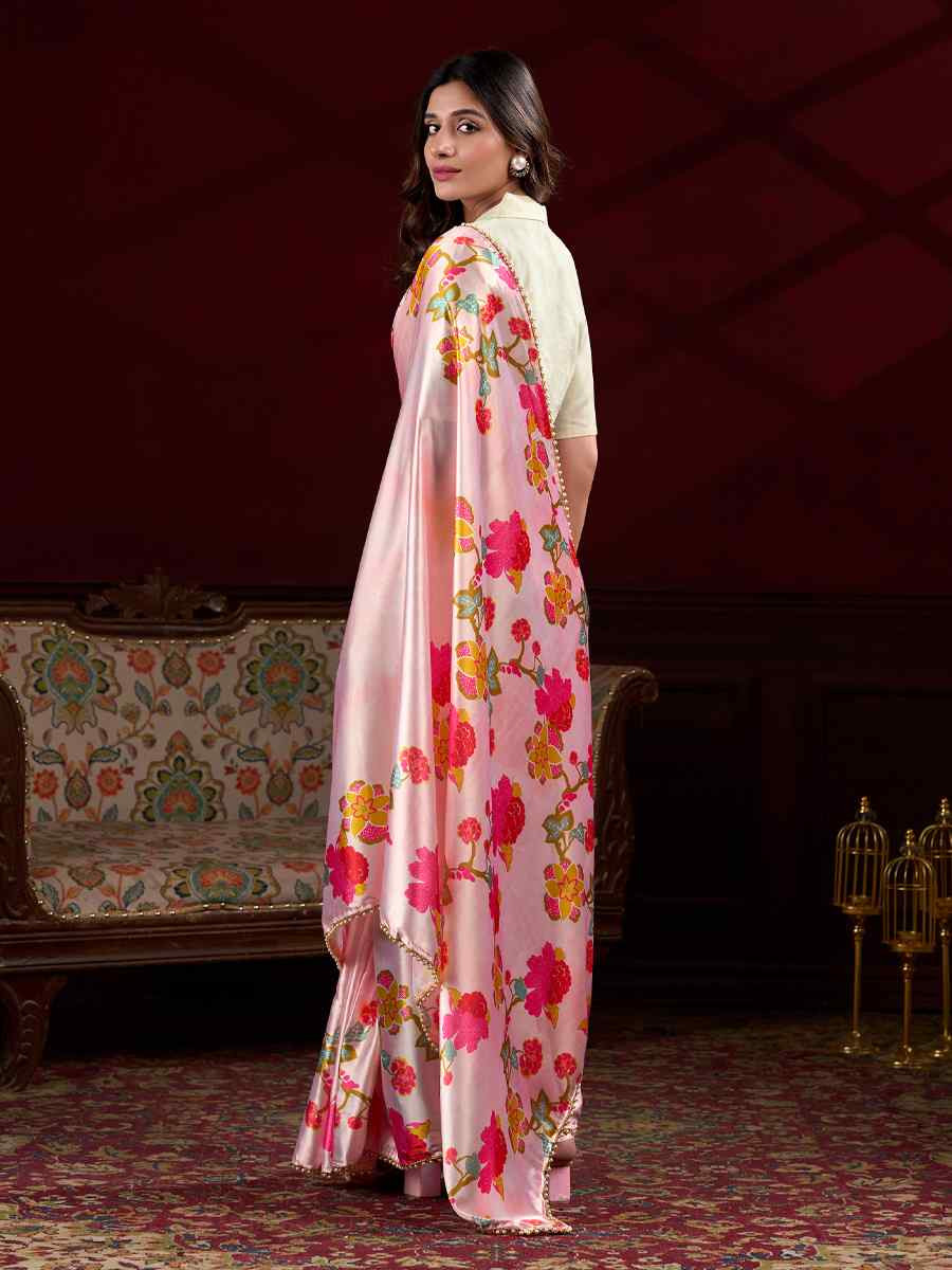 Peach Satin Silk Printed Festival Wedding Fancy Heavy Border Saree