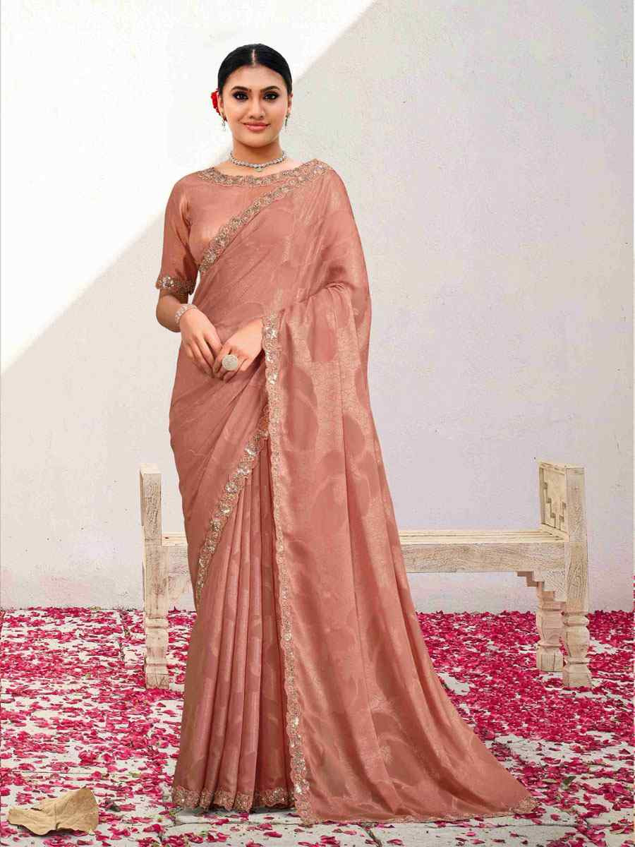 Peach Self Jacquard Georgette Embroidery Festival Wedding Fancy Classic Heavy Border Saree