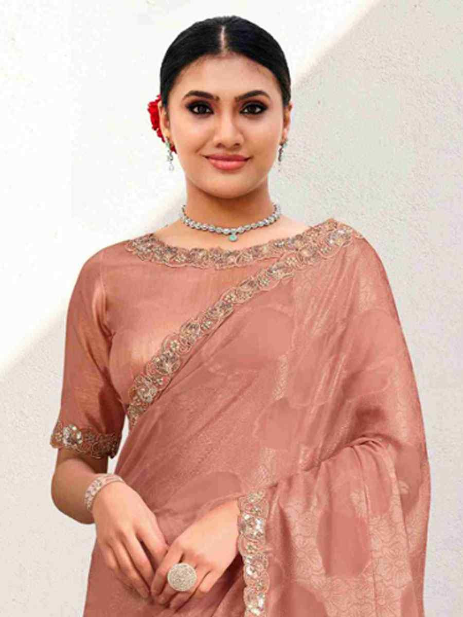Peach Self Jacquard Georgette Embroidery Festival Wedding Fancy Classic Heavy Border Saree