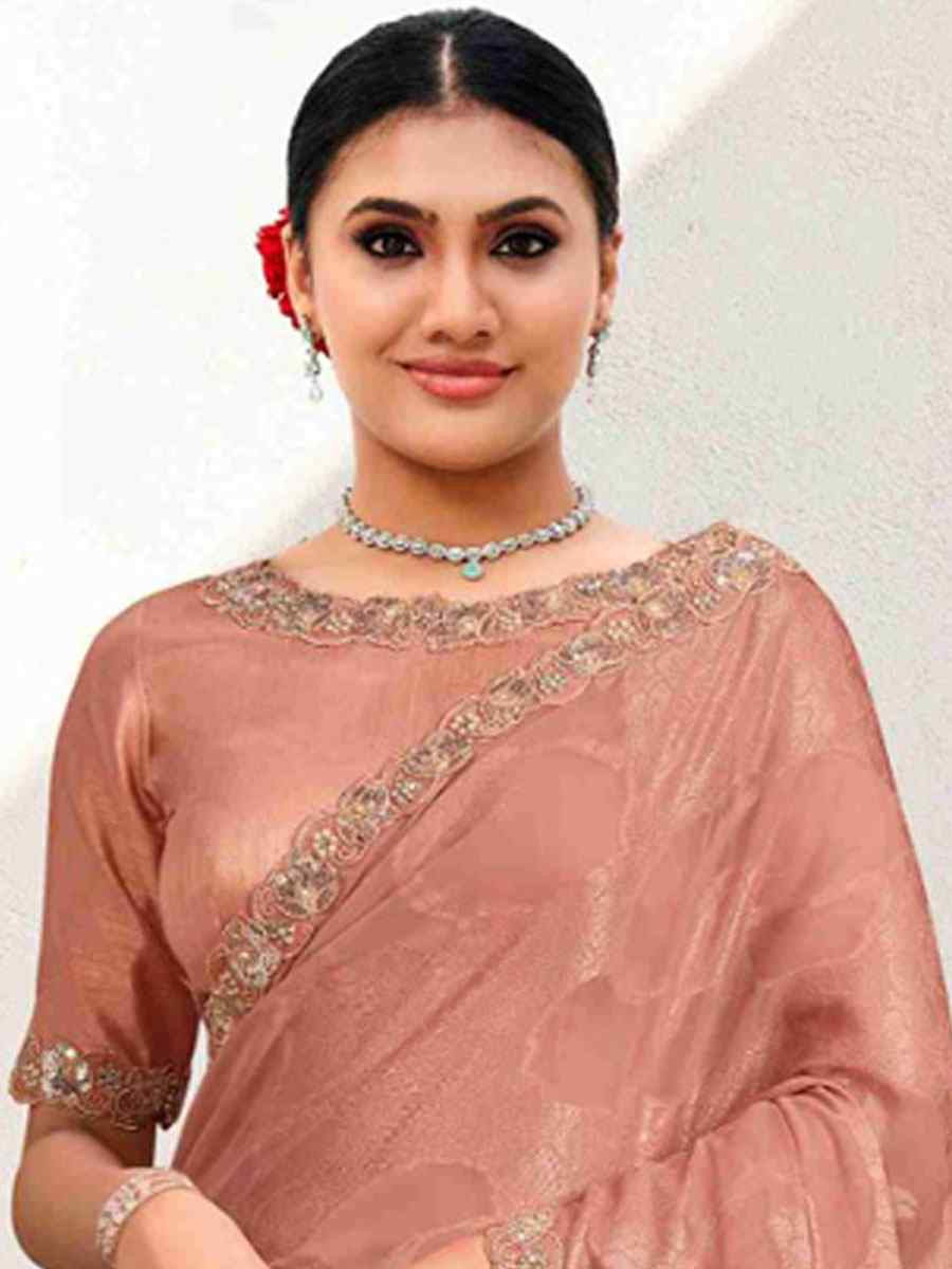 Peach Self Jacquard Georgette Embroidery Festival Wedding Fancy Classic Heavy Border Saree