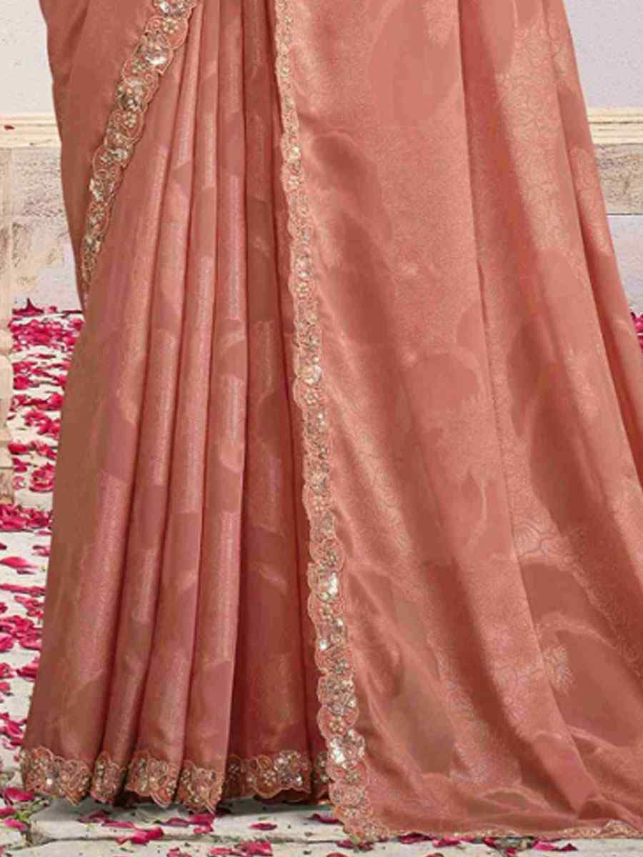 Peach Self Jacquard Georgette Embroidery Festival Wedding Fancy Classic Heavy Border Saree