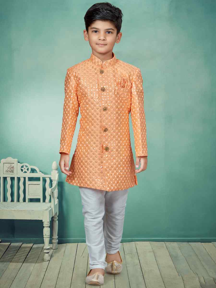 Peach Settelite Silk Embroidered Party Festival Kurta Pyjama Boys Wear