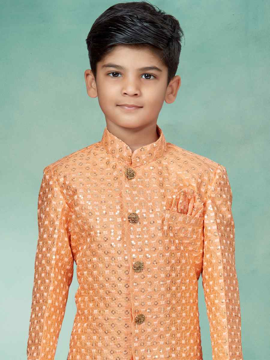 Peach Settelite Silk Embroidered Party Festival Kurta Pyjama Boys Wear