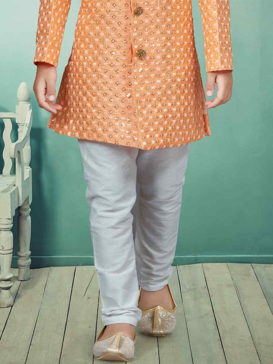 Peach Settelite Silk Embroidered Party Festival Kurta Pyjama Boys Wear