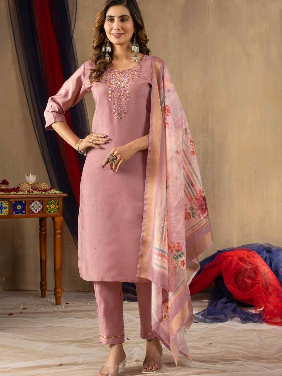 Peach Shimmer Gold Silk Embroidered Party Wedding Ready Pant Salwar Kameez
