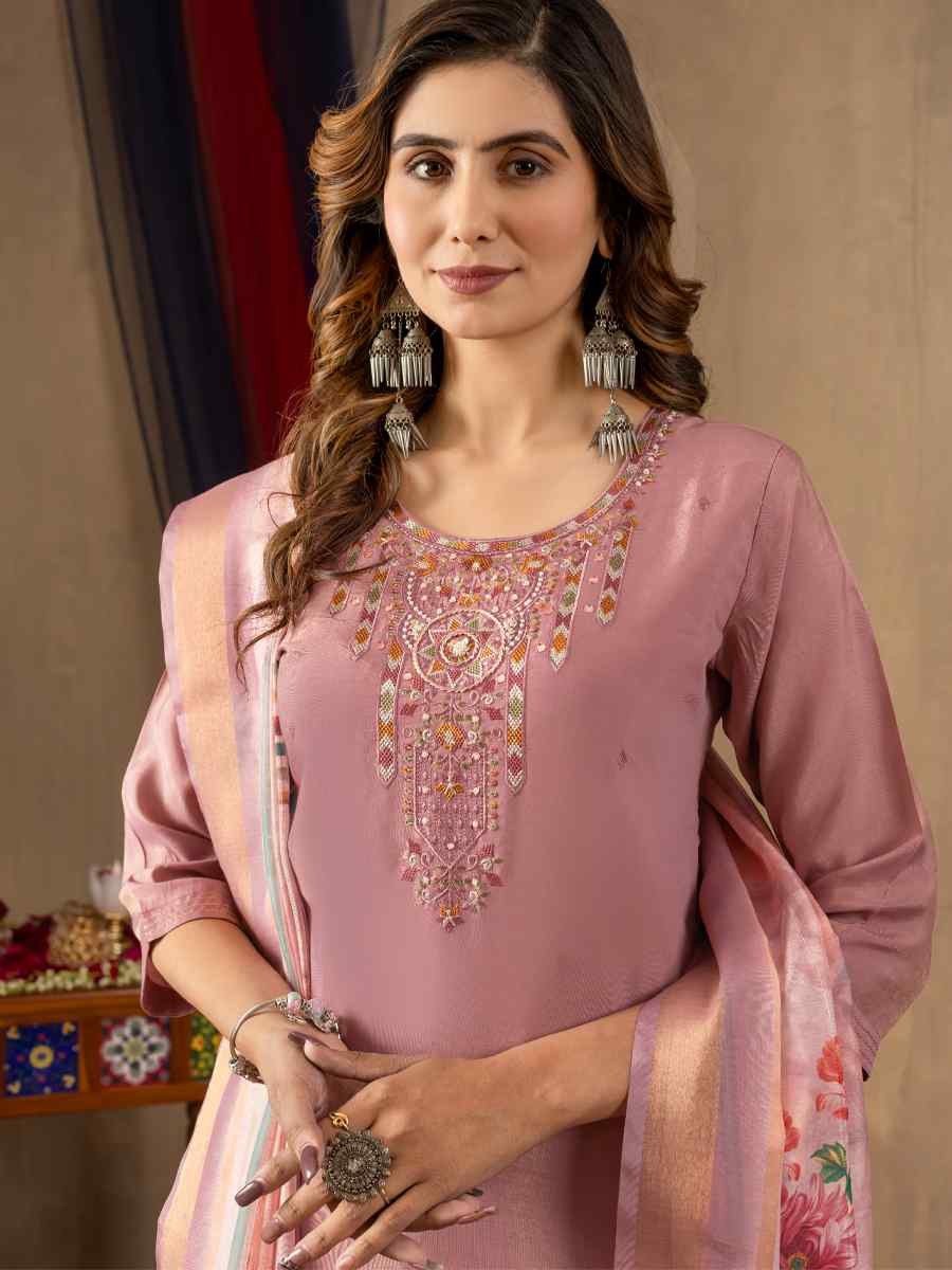 Peach Shimmer Gold Silk Embroidered Party Wedding Ready Pant Salwar Kameez