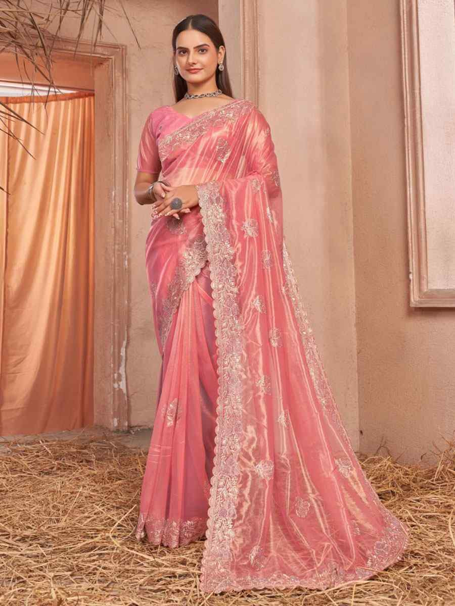 Peach Shimmer Silver Net Embroidery Traditional Bridal Reception Festival Wedding Fancy Heavy Border Saree