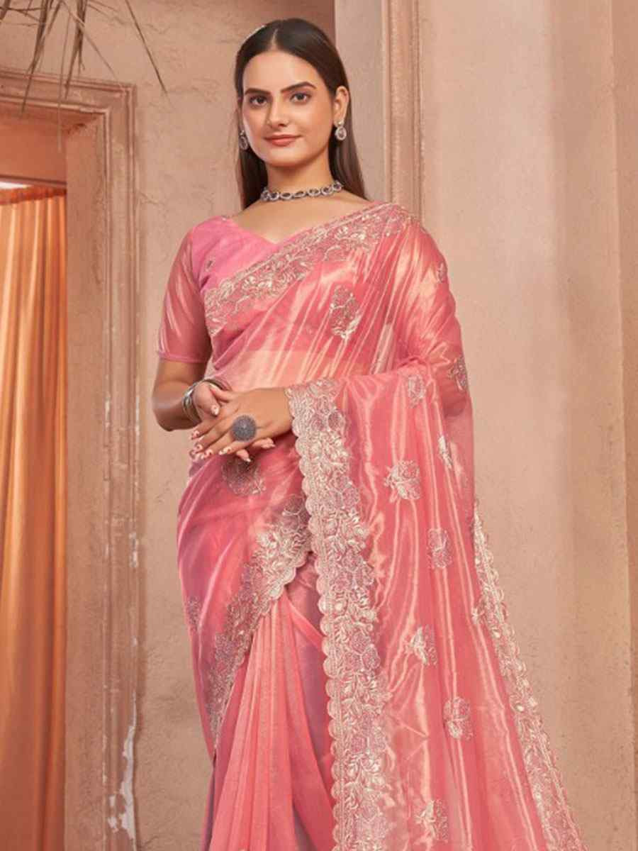 Peach Shimmer Silver Net Embroidery Traditional Bridal Reception Festival Wedding Fancy Heavy Border Saree
