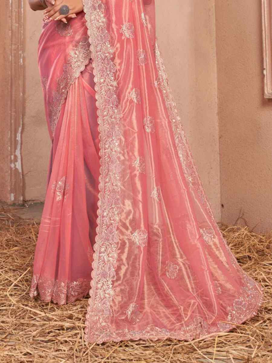 Peach Shimmer Silver Net Embroidery Traditional Bridal Reception Festival Wedding Fancy Heavy Border Saree