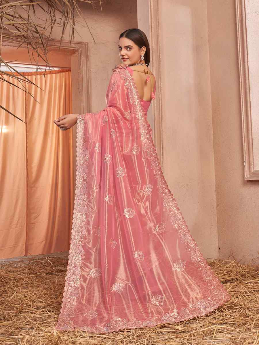 Peach Shimmer Silver Net Embroidery Traditional Bridal Reception Festival Wedding Fancy Heavy Border Saree
