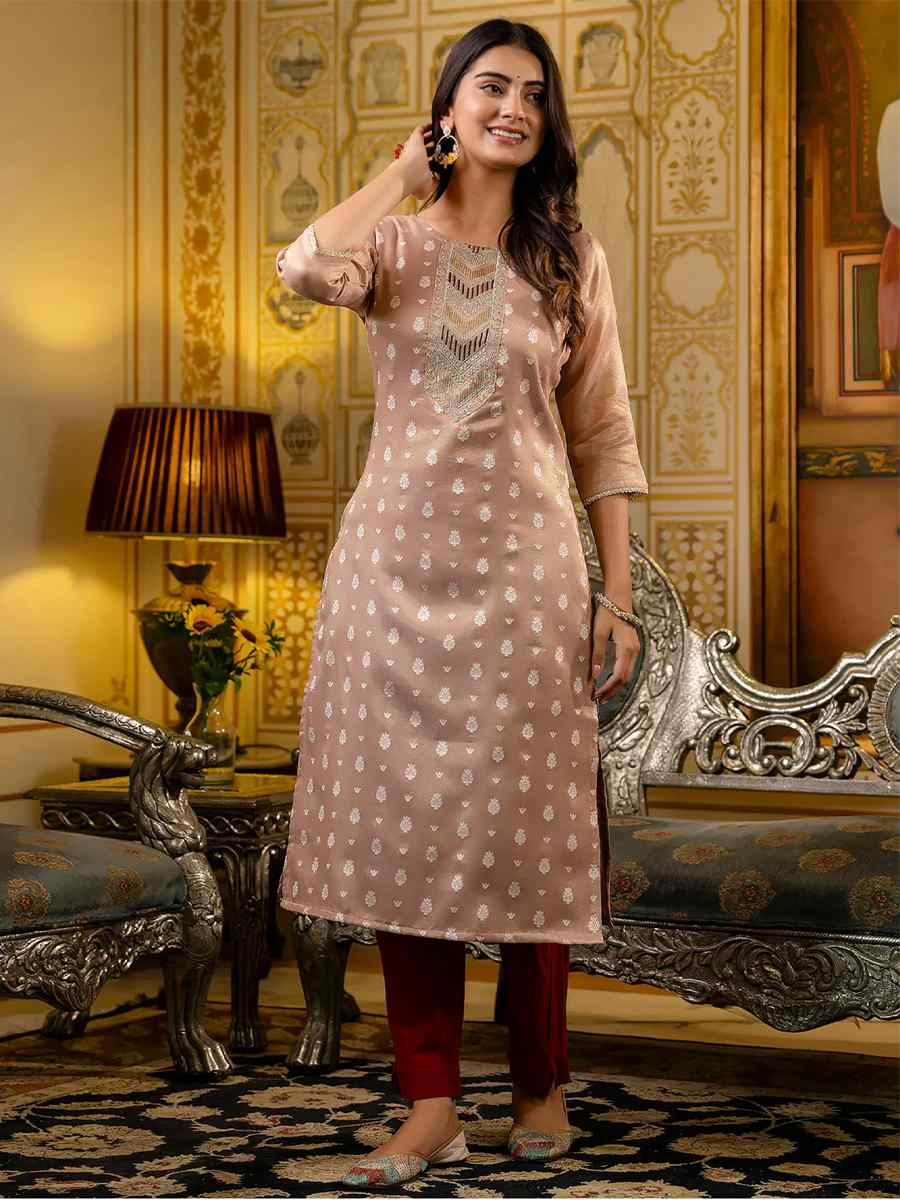Peach Silk Blend Embroidered Festival Casual Kurti