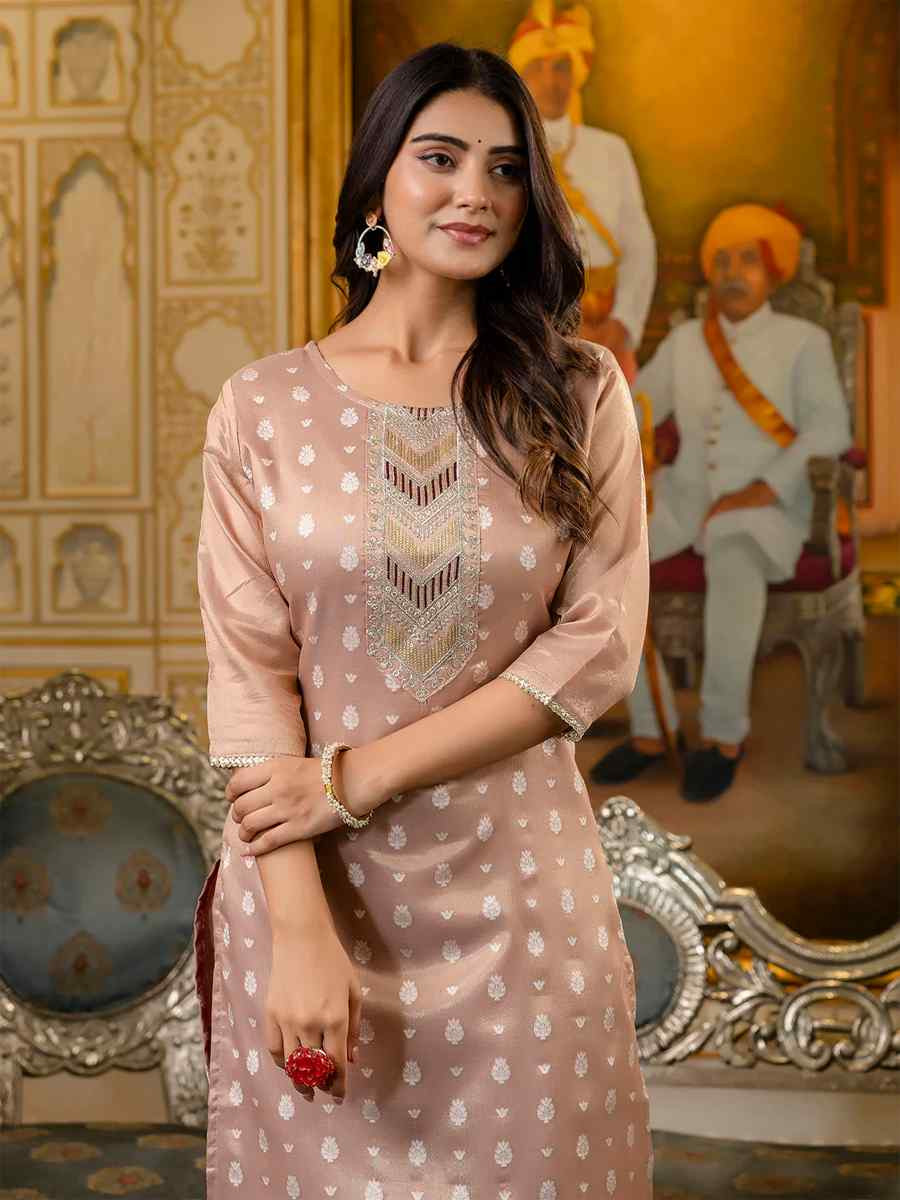 Peach Silk Blend Embroidered Festival Casual Kurti