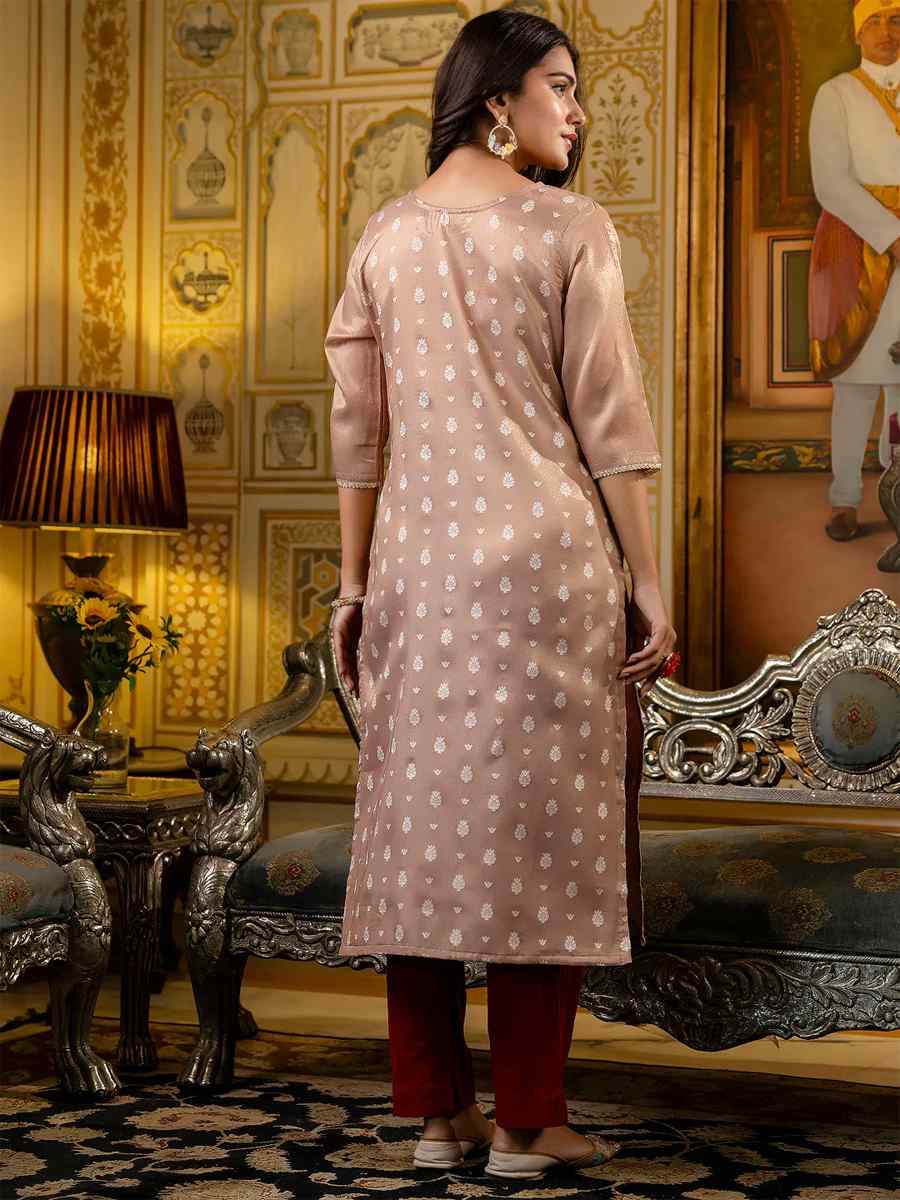 Peach Silk Blend Embroidered Festival Casual Kurti