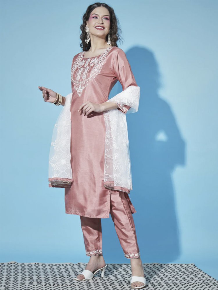 Peach Silk Blend Embroidered Festival Casual Pant Salwar Kameez