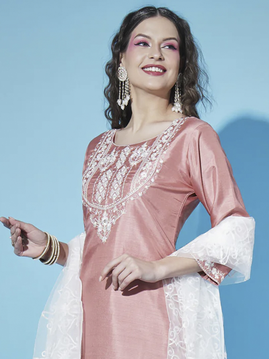Peach Silk Blend Embroidered Festival Casual Pant Salwar Kameez