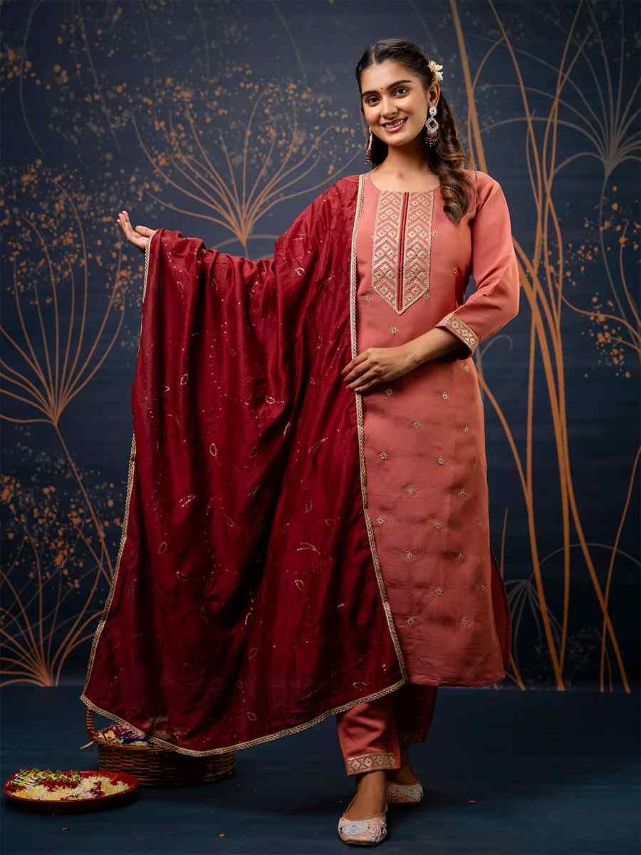 Peach Silk Blend Embroidered Festival Party Ready Pant Salwar Kameez