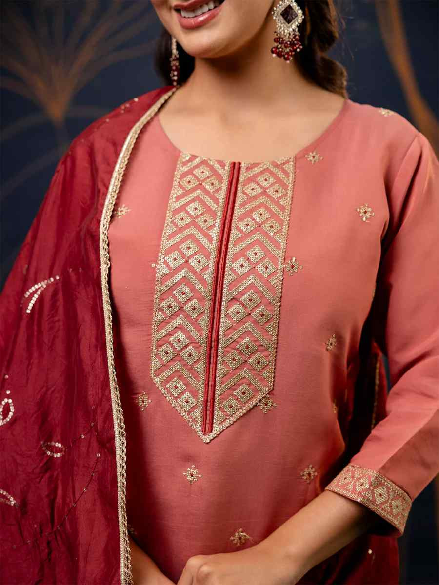 Peach Silk Blend Embroidered Festival Party Ready Pant Salwar Kameez