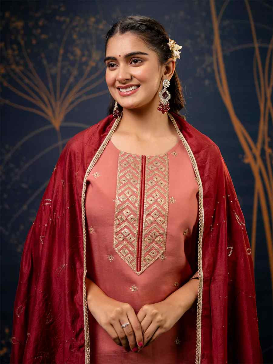 Peach Silk Blend Embroidered Festival Party Ready Pant Salwar Kameez