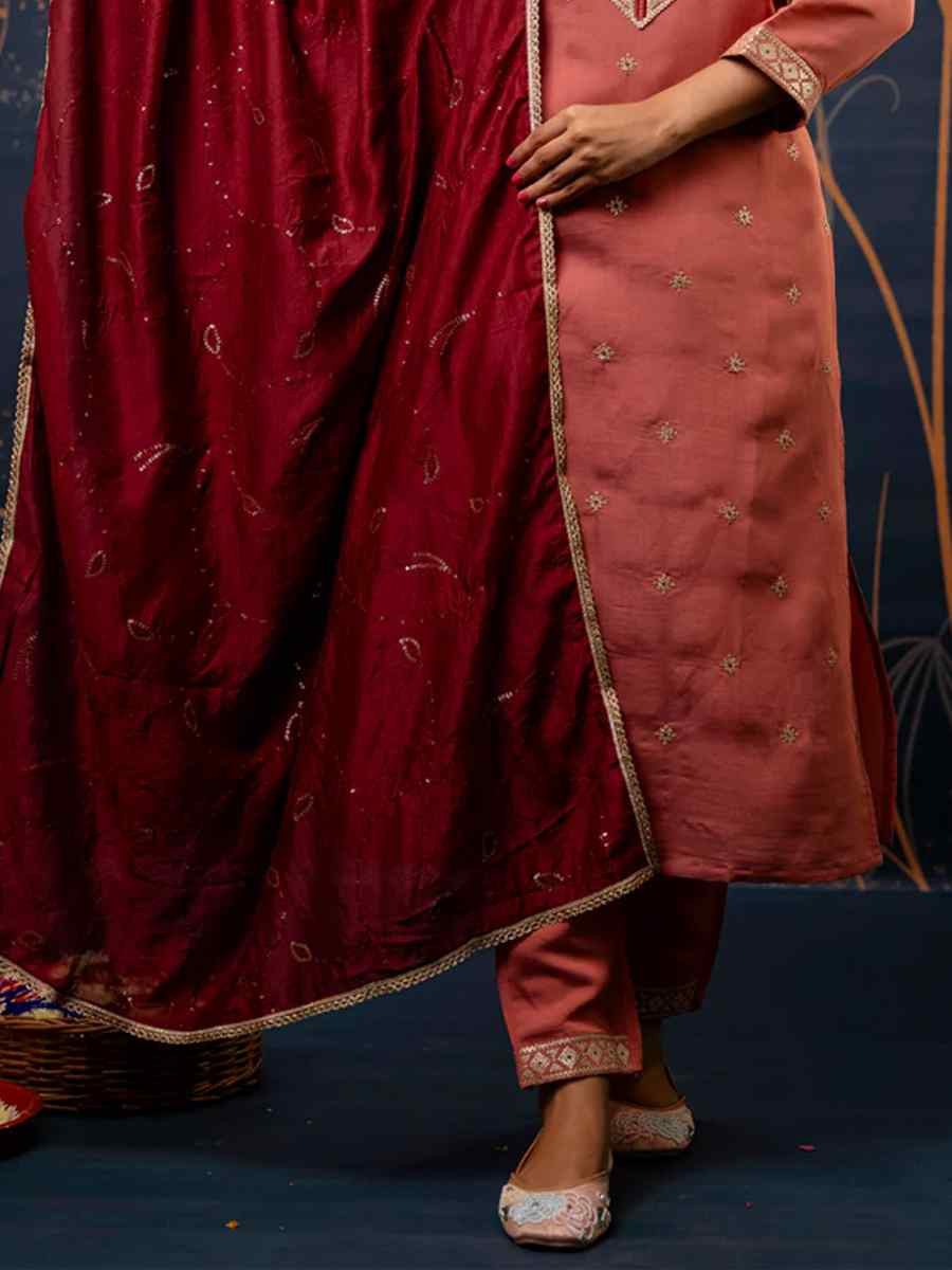 Peach Silk Blend Embroidered Festival Party Ready Pant Salwar Kameez