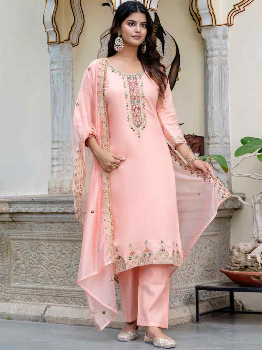 Peach Silk Blend Embroidered Mehendi Wedding Ready Pant Salwar Kameez
