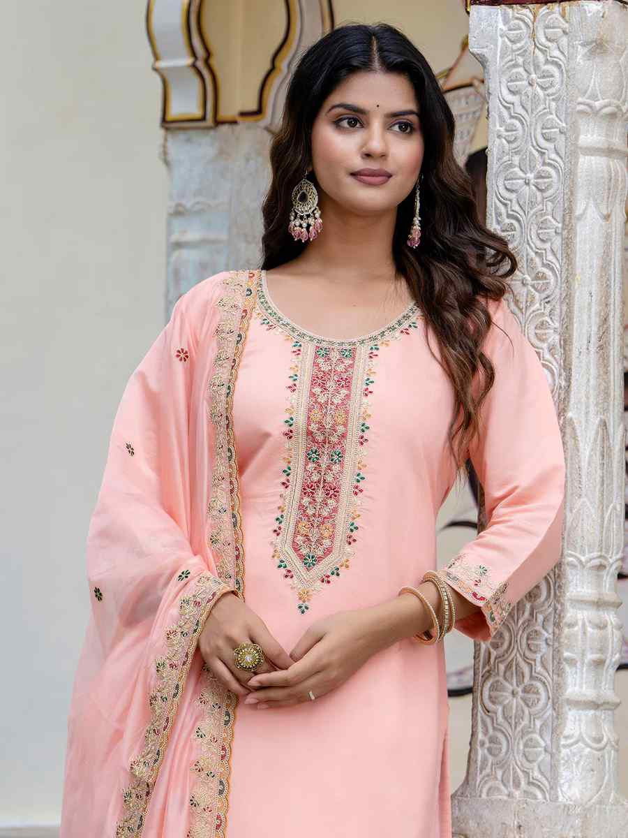 Peach Silk Blend Embroidered Mehendi Wedding Ready Pant Salwar Kameez