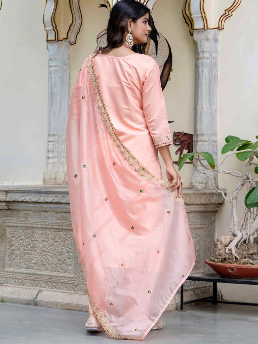 Peach Silk Blend Embroidered Mehendi Wedding Ready Pant Salwar Kameez