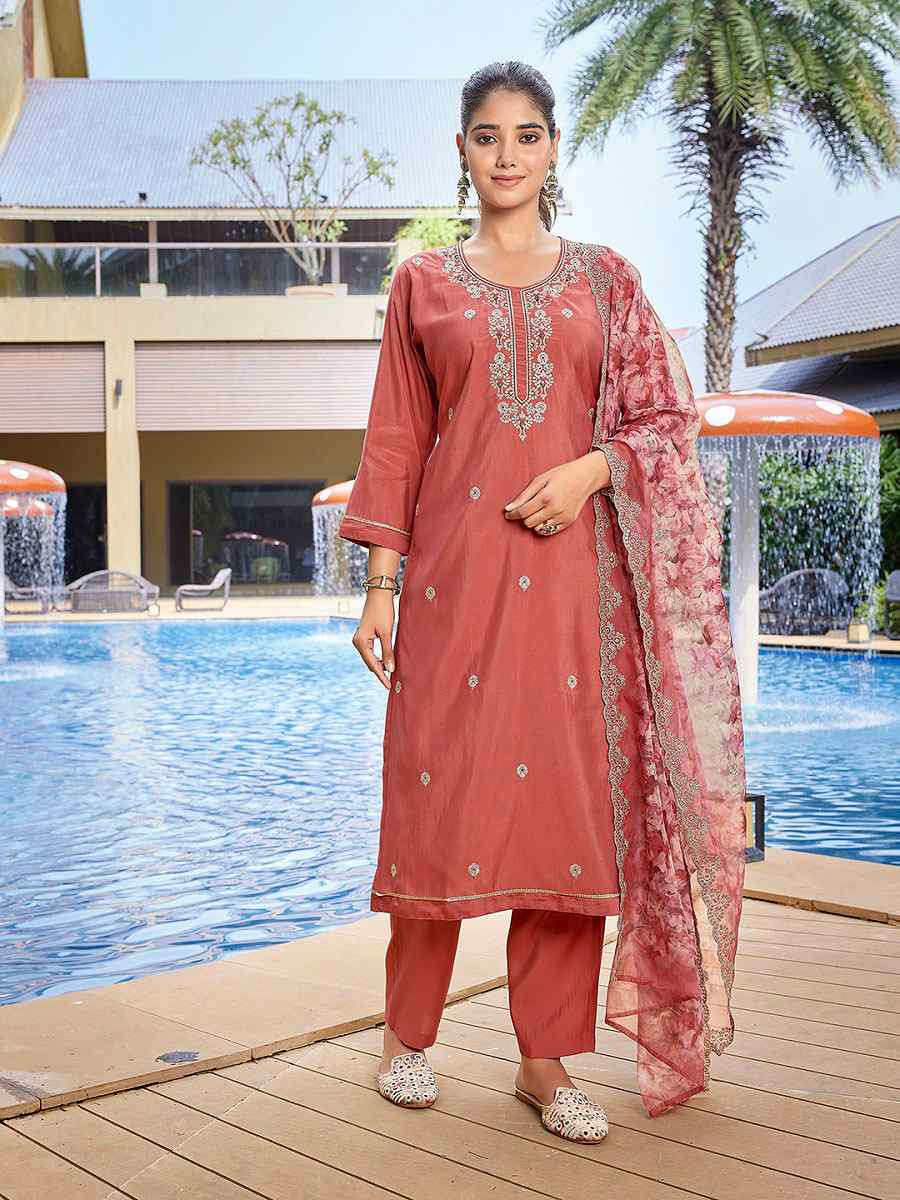 Peach Silk Blend Embroidery Party Wedding Festival Casual Ready Pant Salwar Kameez