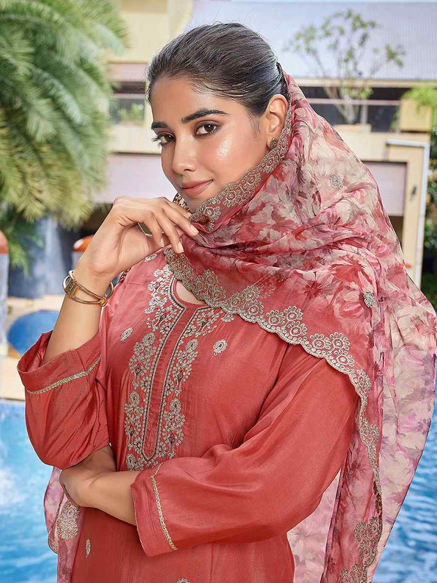 Peach Silk Blend Embroidery Party Wedding Festival Casual Ready Pant Salwar Kameez